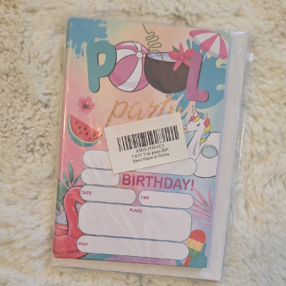 Pool Party Themed Birthday Invitation Cards 20 Pack